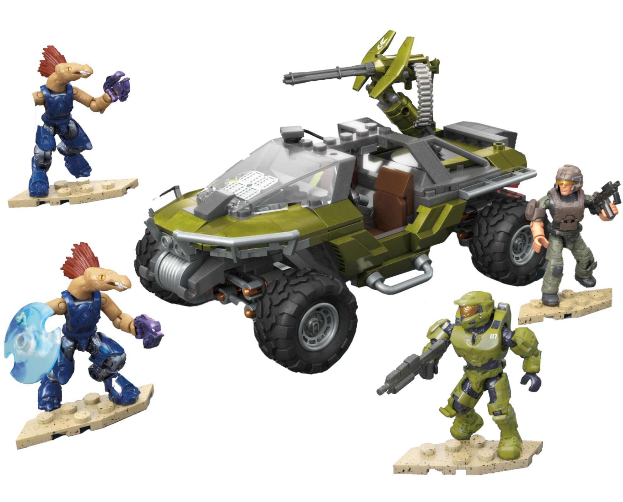 Left View: MEGA Halo Warthog Rally vehicle Halo Infinite Construction Set with Master Chief character figure, Building Toys for Kids