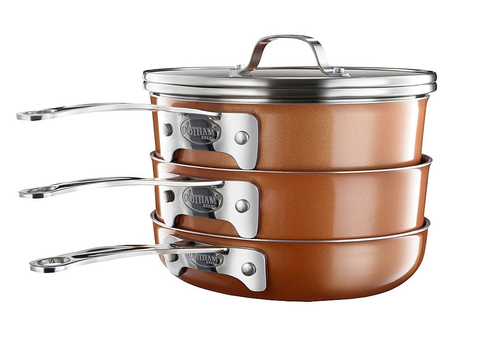 Left. Gotham Steel - Stackmaster Stackable Non Stick Cast Textured 10pc Cookware Set - Copper.