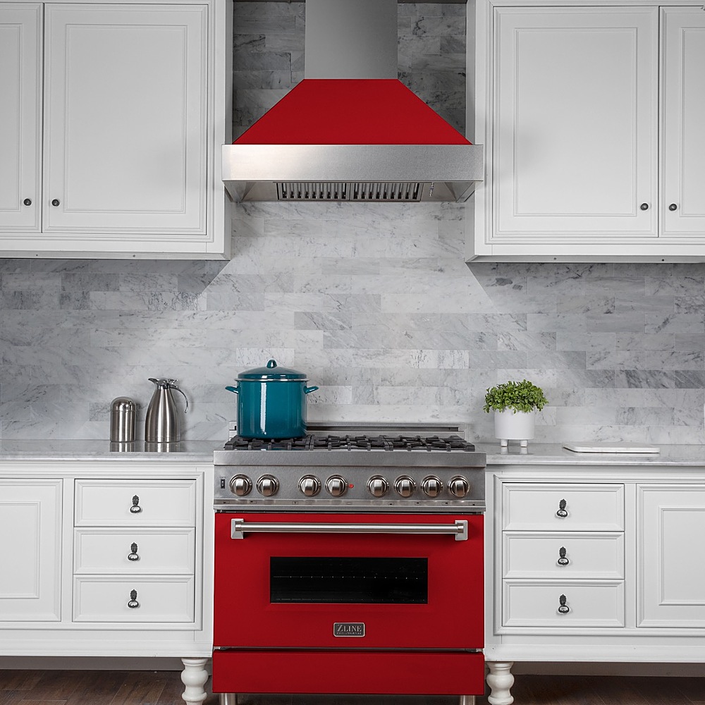 Left View: ZLINE - 30" DuraSnow® Stainless Steel Range Hood with Red Matte Shell (8654RM-30) - Silver
