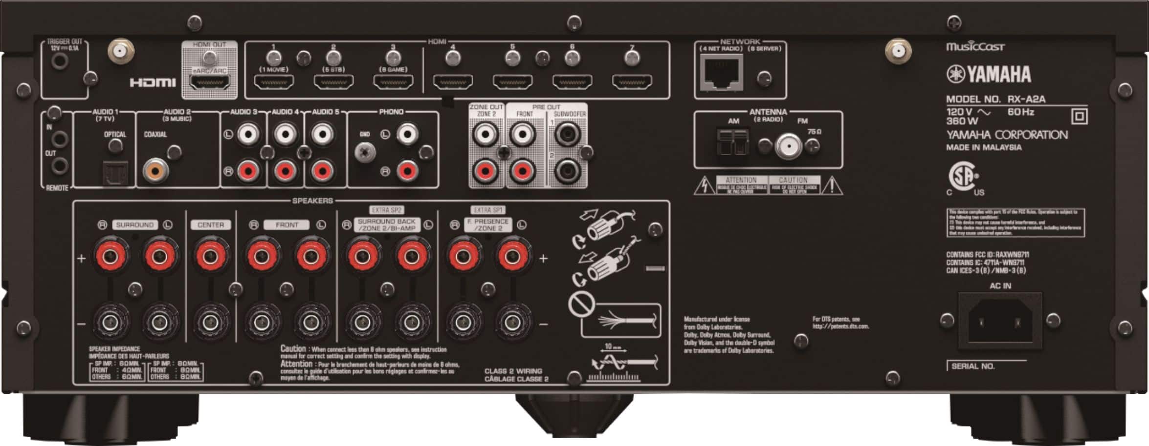 Back. Yamaha - AVENTAGE RX-A2A 100W 7.2-Channel AV Receiver with 8K HDMI and MusicCast - Black.