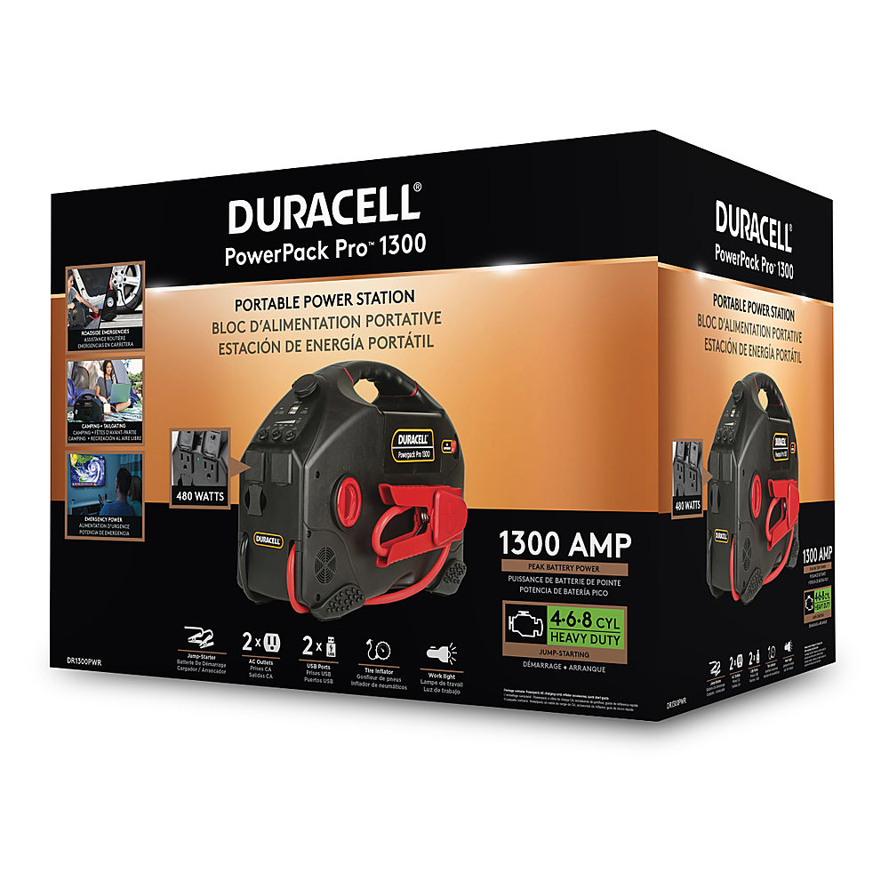 Duracell - Powerpack Pro 1300 Amp Jumpstarter, Air Compressor & 600W Inverter - Black