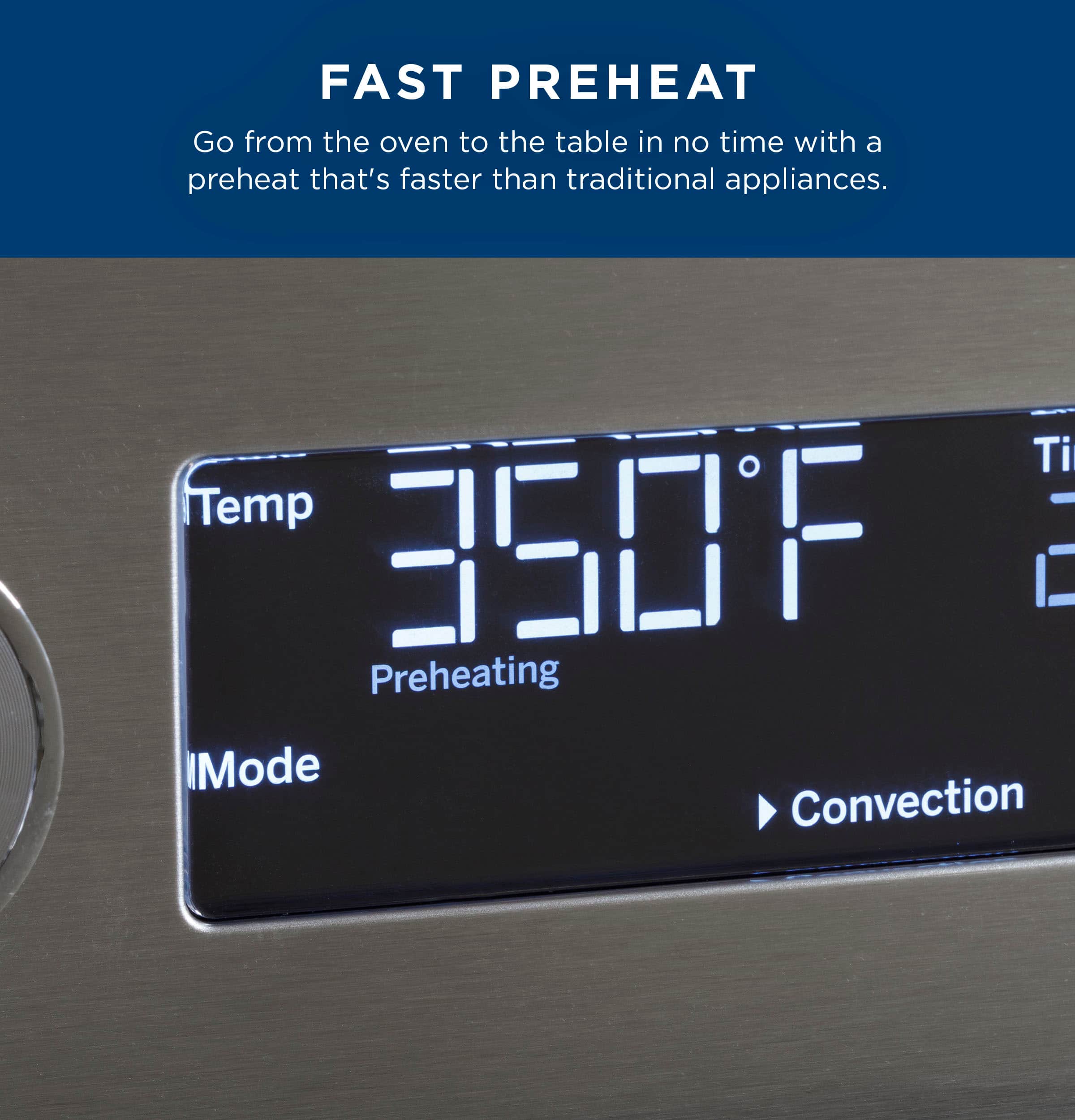 The image features a digital display showing the temperature of 350 degrees Fahrenheit, indicating that the oven is preheating. The display also shows that the mode is set to convection, which is faster than traditional appliances. The oven is designed to provide a quick transition from the oven to the table, making it a convenient and efficient appliance for cooking.