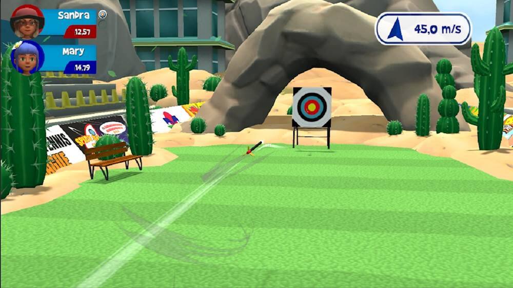 The image shows a cartoon golf game with a character aiming at a target. The character is holding a golf club, and the target is a cactus. The game displays the character's speed and direction, with the arrow pointing towards the cactus. The image also features a rock and a bench in the background.