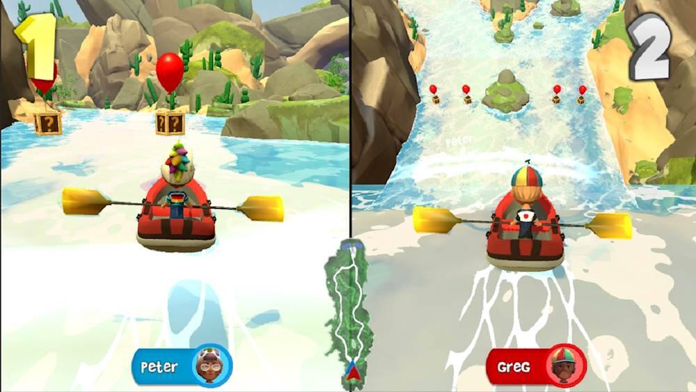 The image shows two different scenes of a game featuring a character in a boat. In one scene, the character is racing through a river with a balloon in the background, while in the other scene, the character is navigating a river with a waterfall. The character's name is Peter, and there are two different instances of his name in the image. The text "1" and "2" are also present, likely indicating the two different levels or stages of the game.