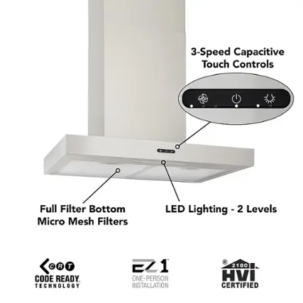 Angle. Broan - BROAN ELITE T-STYLE 30" 400 CFM SS - Silver.