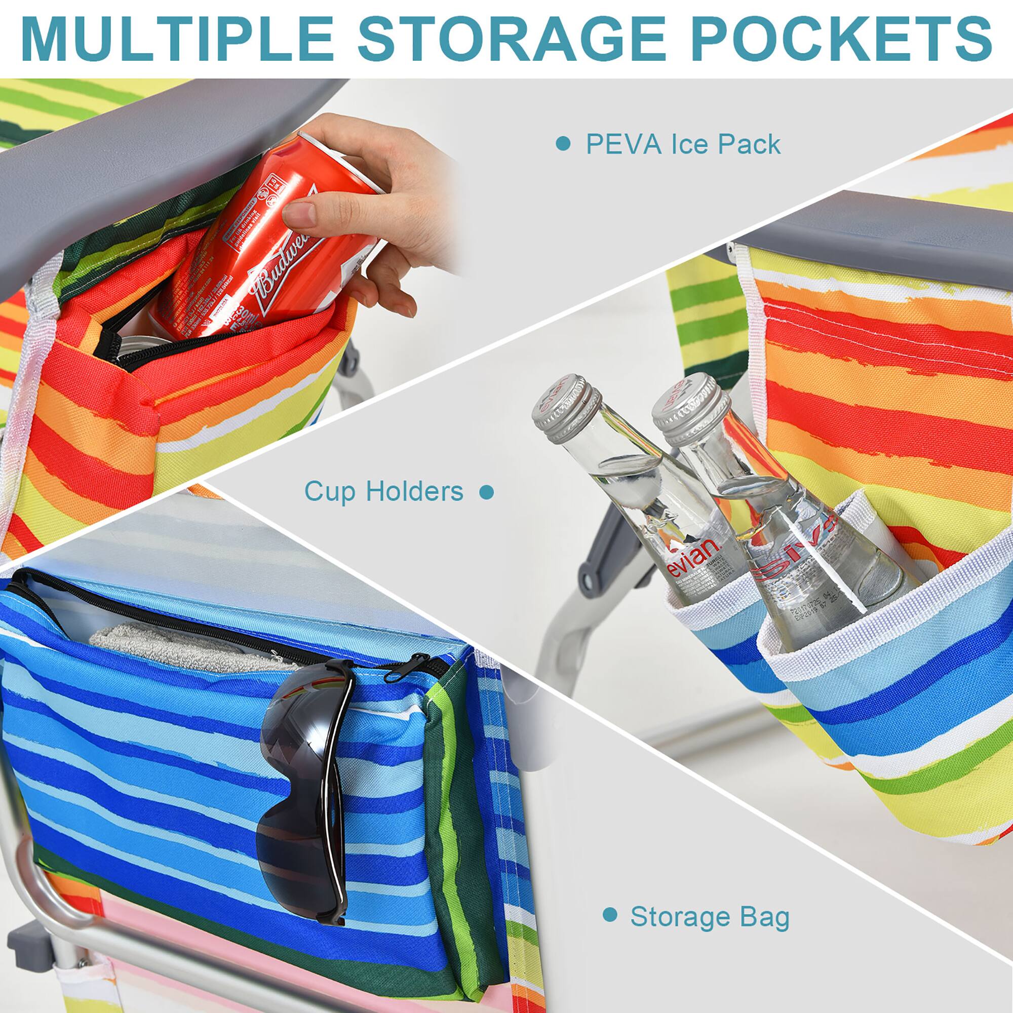 MULTIPLE STORAGE POCKETS

- PEVA Ice Pack
- Cup Holders
- Storage Bag