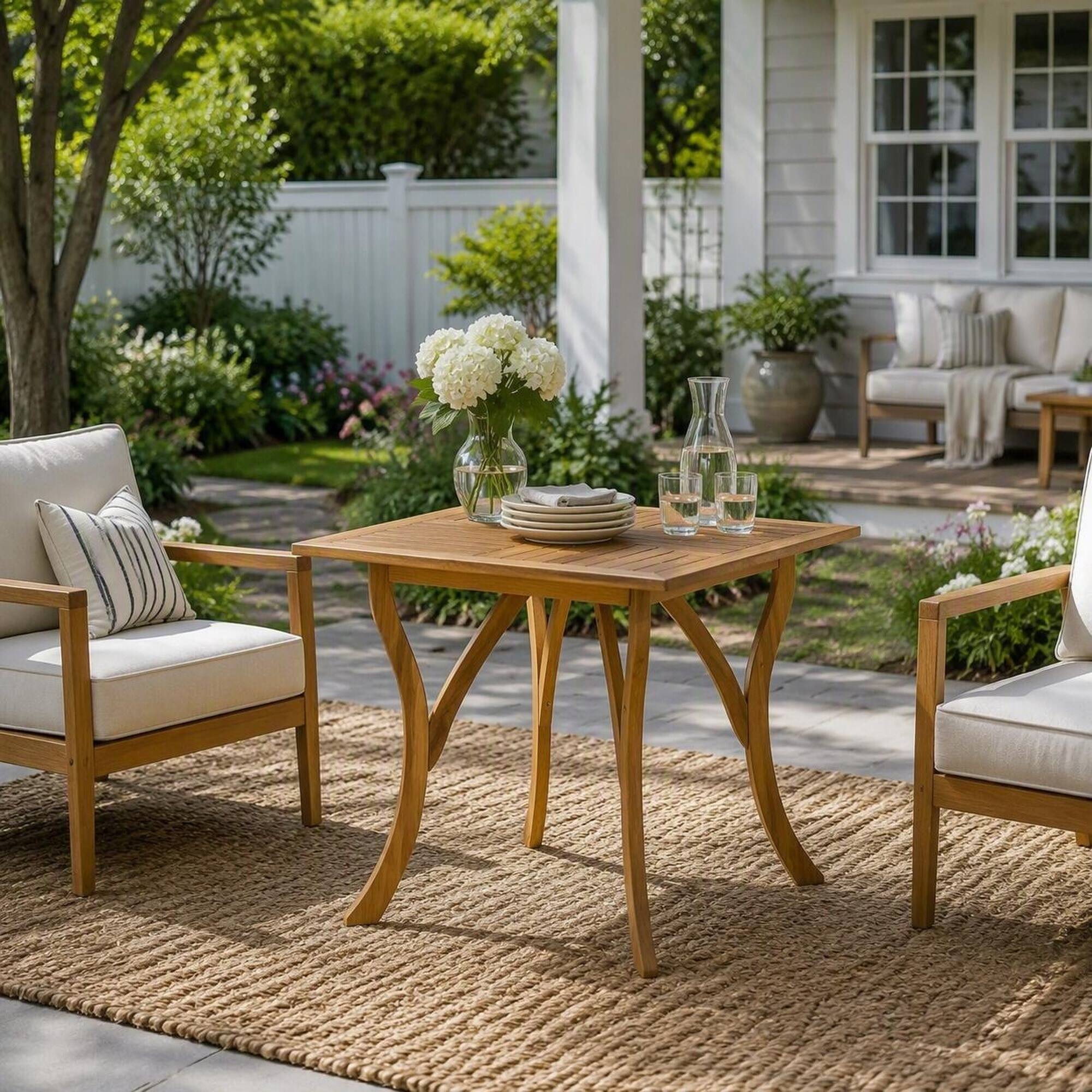 Front. RYHNUYNE - Outdoor Acacia Wood Square Dining Table,Natural Brown Patio Bistro Table with Slatted Tabletop for Garden Backyard Deck - Teak.