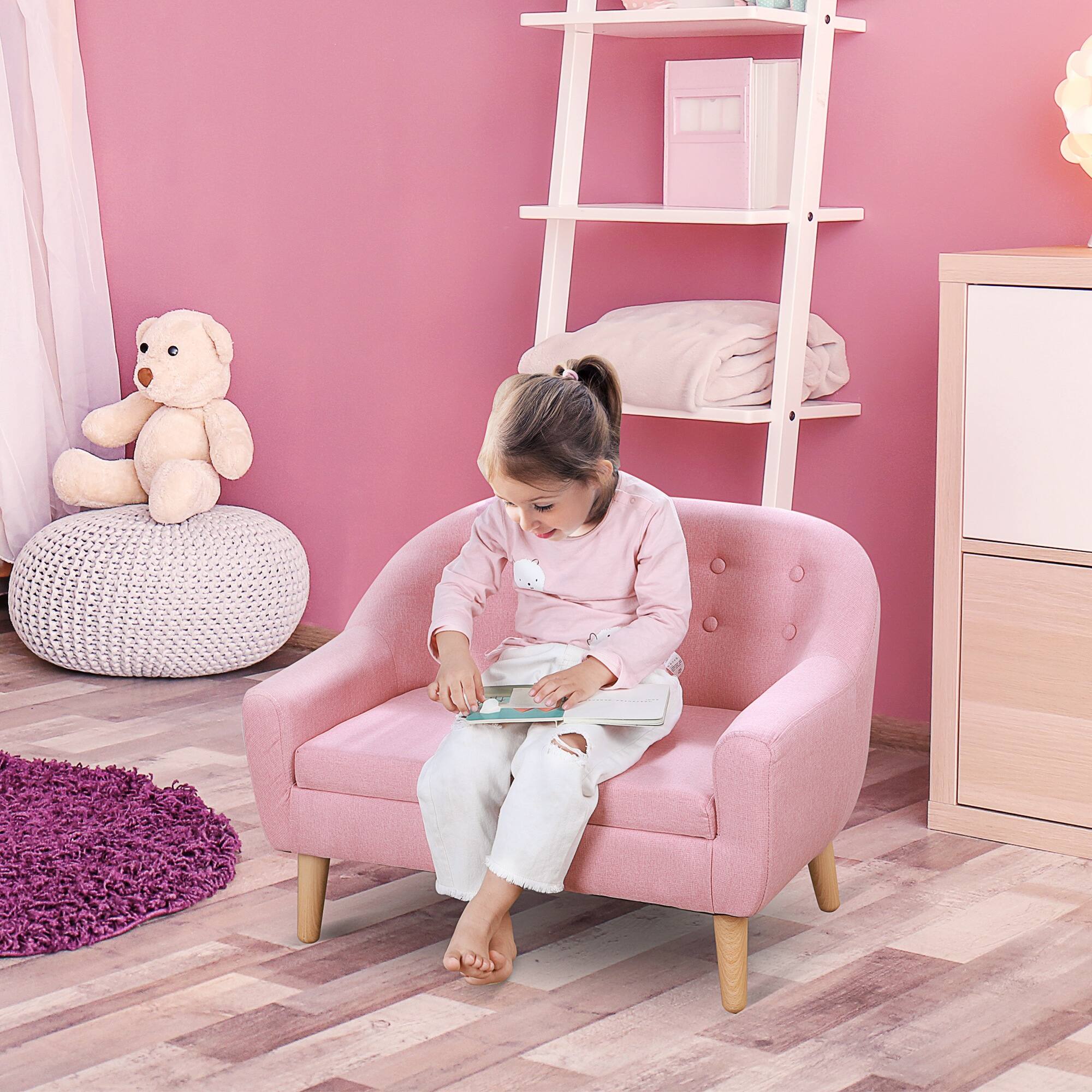 Alt View 1. Qaba - Kids Sofa, Toddler Sofa Couch, Linen-Like Fabric & Wood Frame Sofa Chair for Ages 3-7 - Pink.