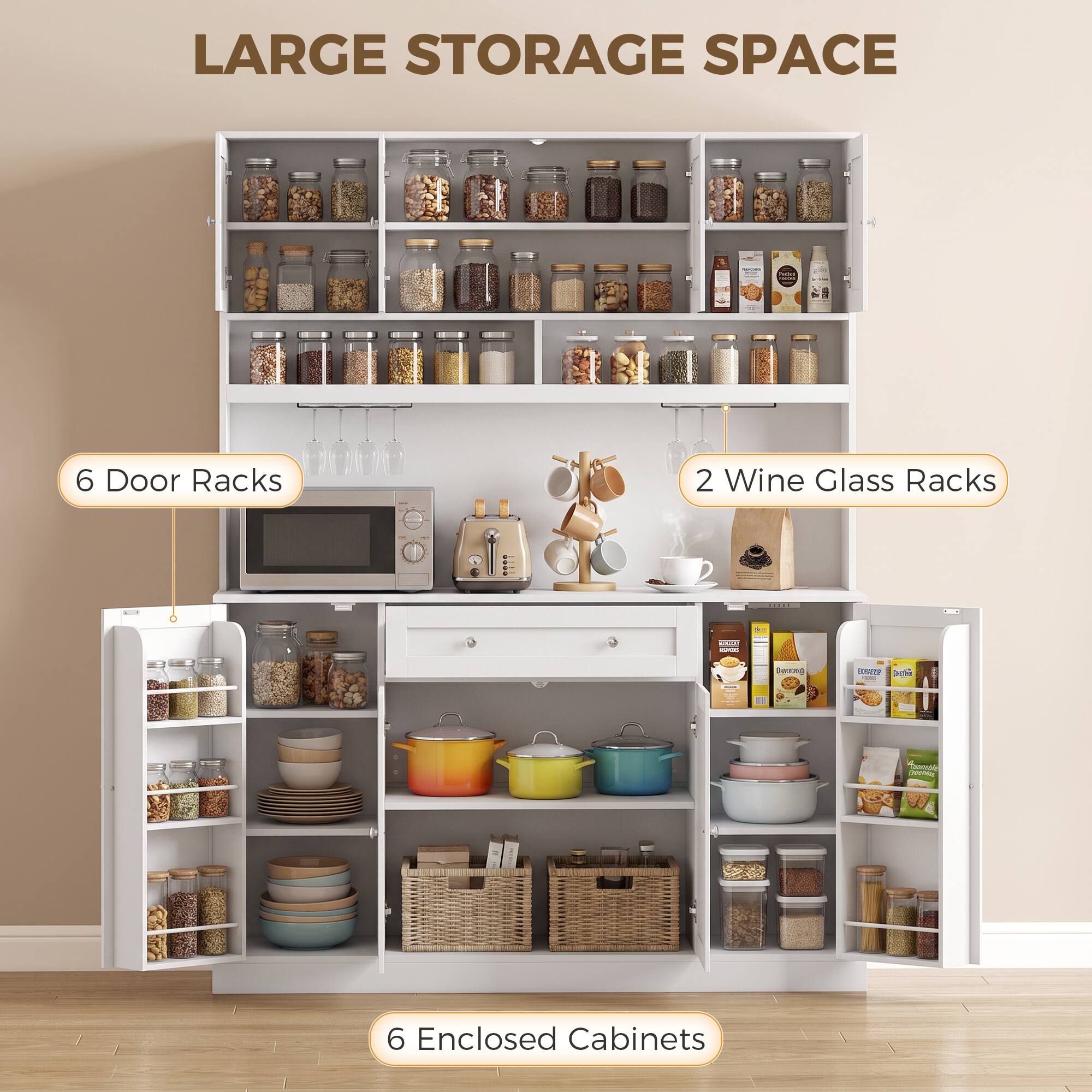 LARGE STORAGE SPACE

6 Door Racks

2 Wine Glass Racks

6 Enclosed Cabinets