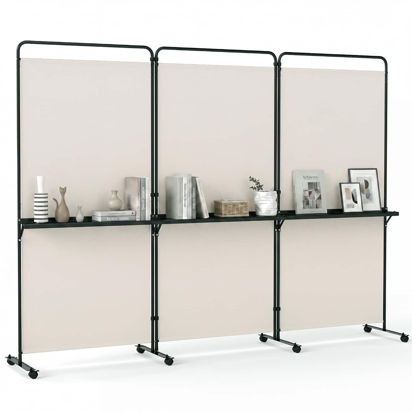Costway - 3-Panel Room Divider with Storage Shelves 6FT Tall Folding Privacy Screen on Wheels - White