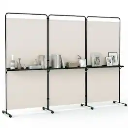 Costway - 3-Panel Room Divider with Storage Shelves 6FT Tall Folding Privacy Screen on Wheels - White