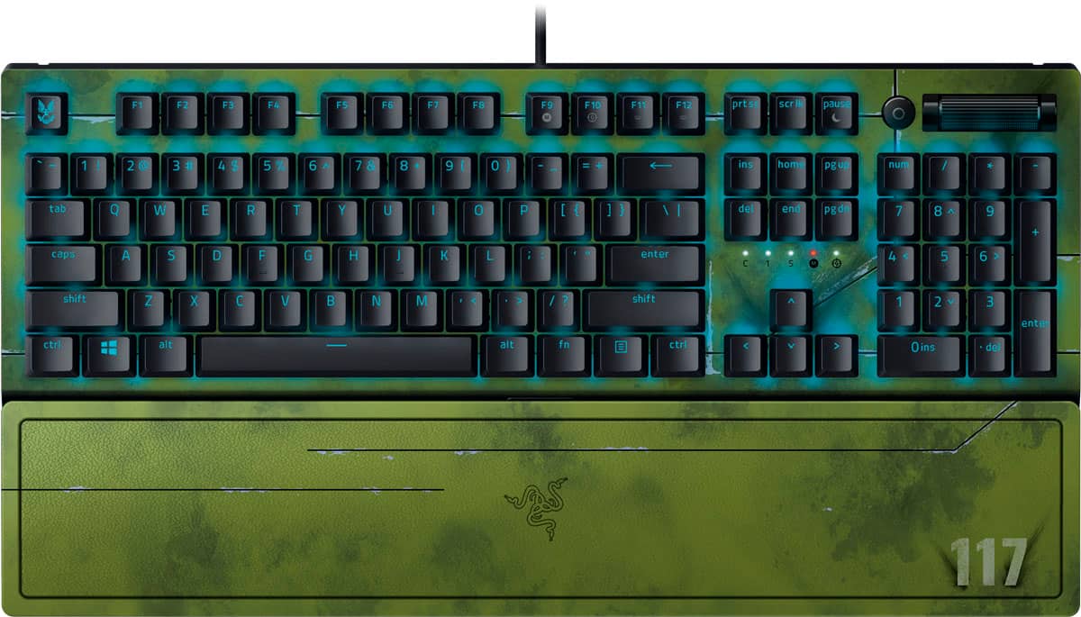Front. Razer - Blackwidow V3 Full Size Wired Mechanical Green Clicky Tactile Switch Gaming Keyboard with Chroma RGB Backlighting - HALO Infinite Edition.