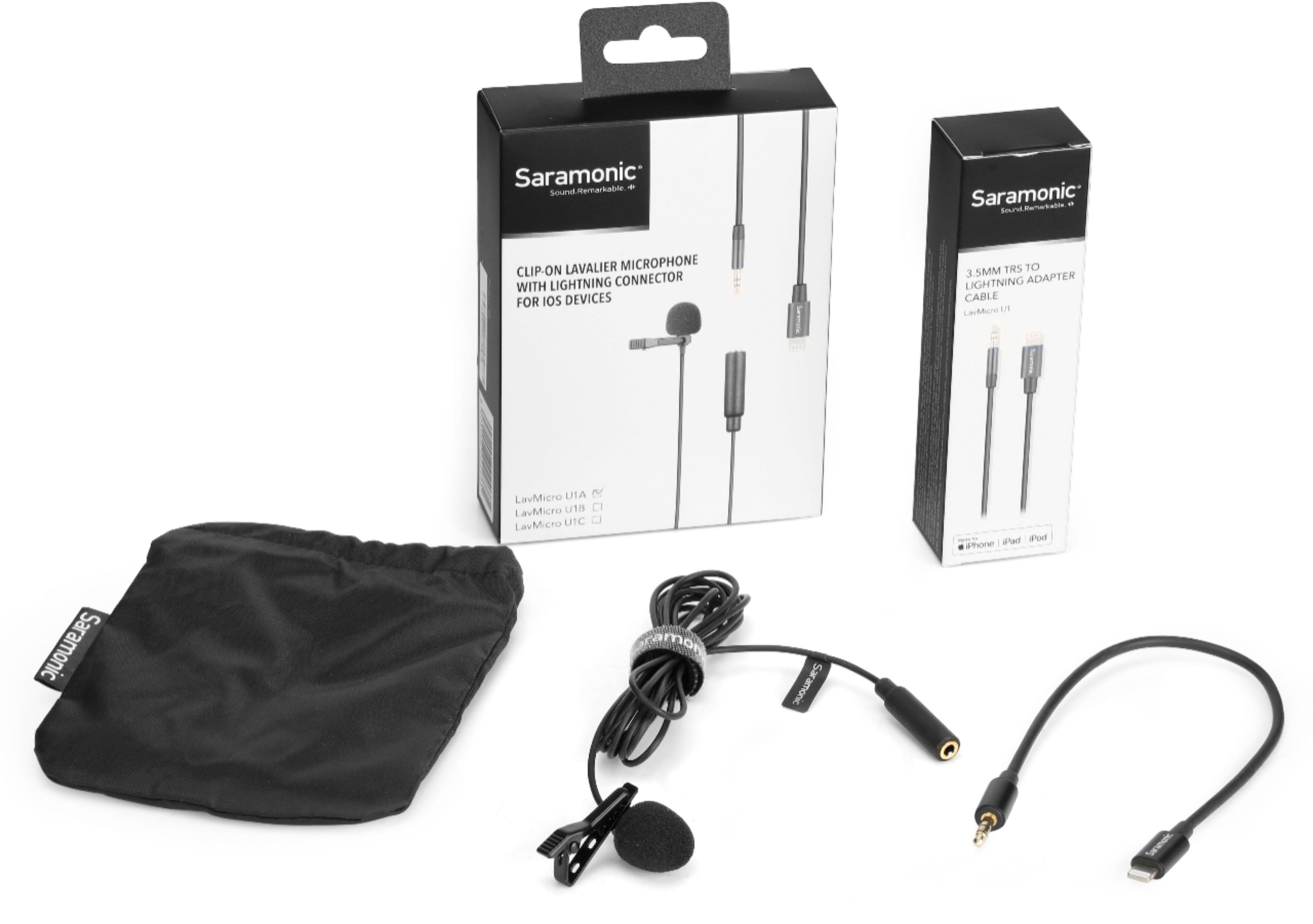Left. Saramonic - Lavalier Microphone with Lightning for Apple iPhone, or iPad w/ a Built-in 6.6-foot (2m) Cable (LavMicro U1A).