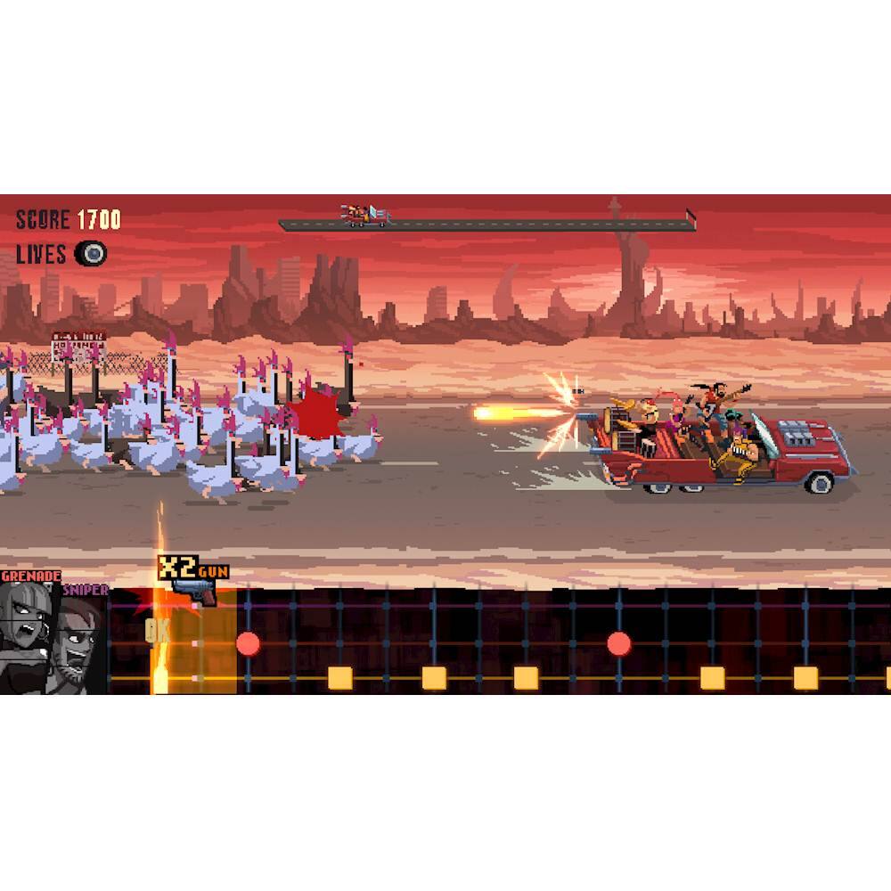 The image features a video game with a score of 1700 lives, and the player is using a Grenade Sniper X2 gun to shoot at chickens. The scene takes place in a desert environment, with the chickens scattered around the area. The player is in a truck, which is driving through the desert, and there are several chickens in the foreground and background. The game appears to be a combination of a shooting game and a racing game, as the player is driving the truck while shooting at the chickens.