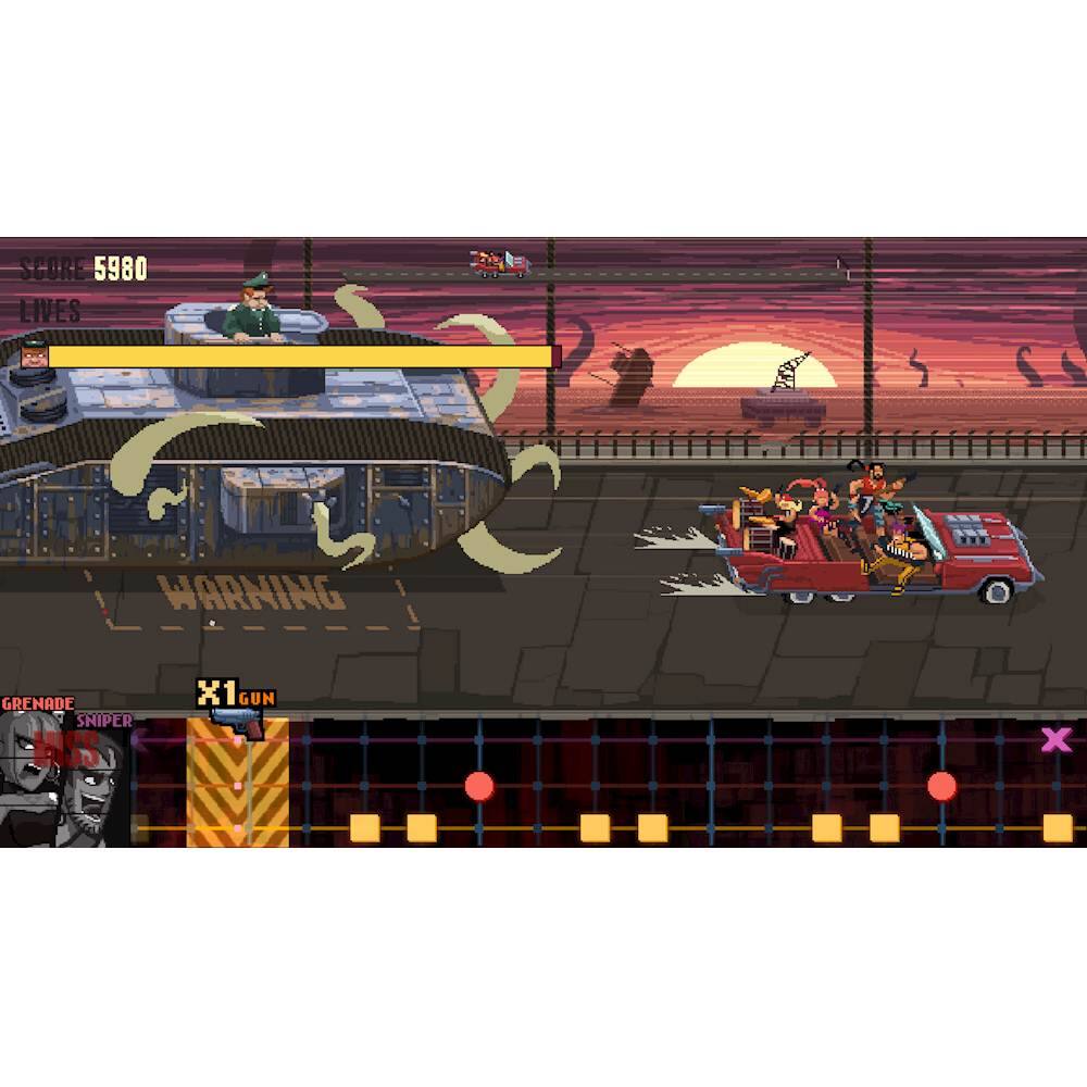 The image features a video game with a car and a spaceship in the middle of a street. There are several people in the scene, with some of them riding the car and others standing nearby. The game appears to be a shooter game, as there are multiple guns visible in the image. The scene is set at night, with the car and spaceship in motion, adding to the excitement of the game.