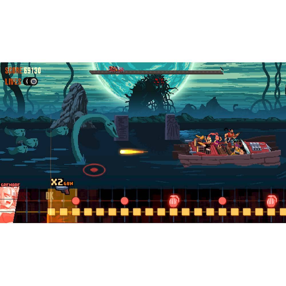The image shows a video game with a boat and a giant snake. The game has a score of E69130, and the player has two lives. The game also features a gun and grenade, which can be used to defeat the giant snake. The scene takes place in a dark environment, adding to the overall atmosphere of the game.