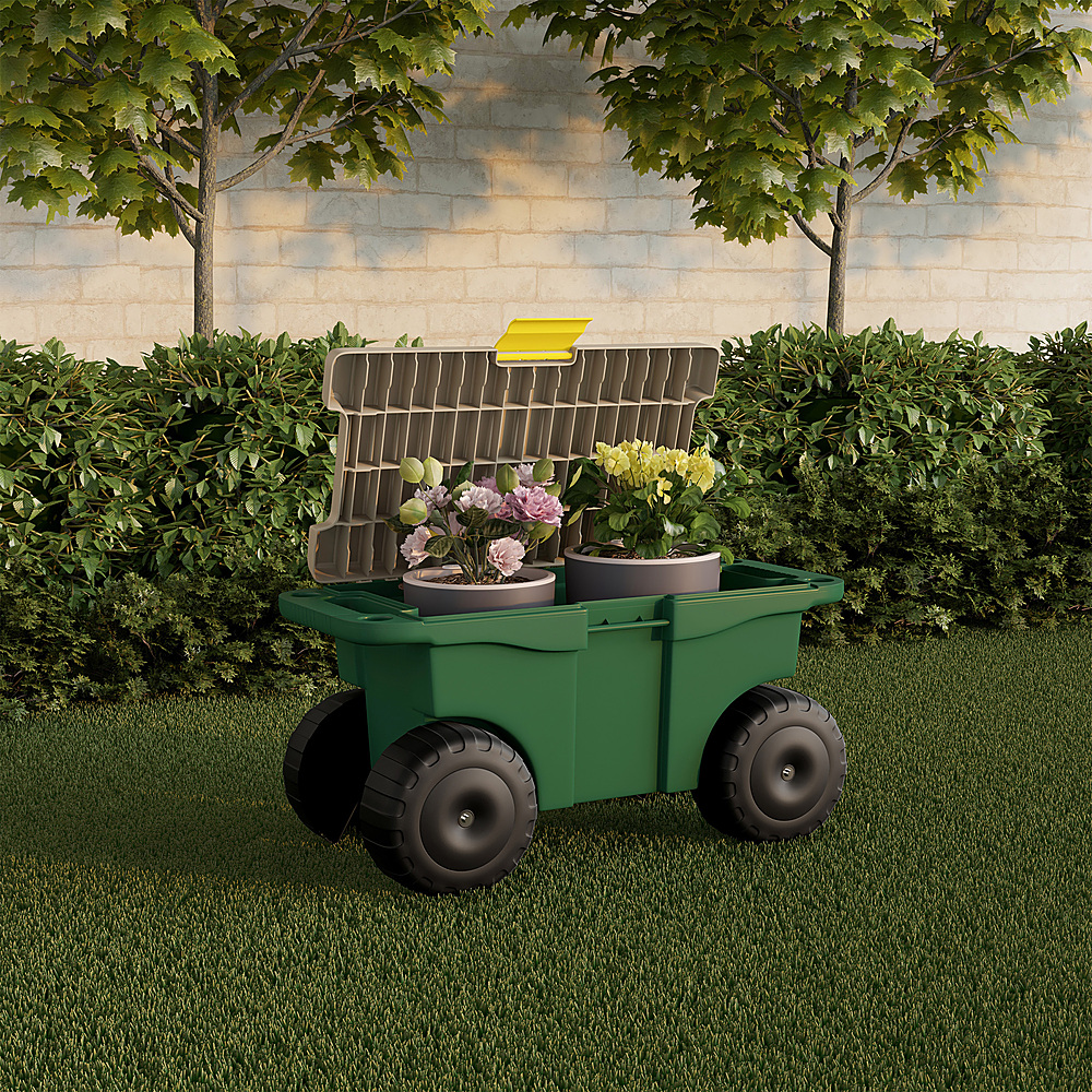 Pure Garden - Garden Cart on Wheels Rolling Storage Bin-Built-In Bench Seat, Interior Tool Tray & Rolls on Lawns & Dirt - Green