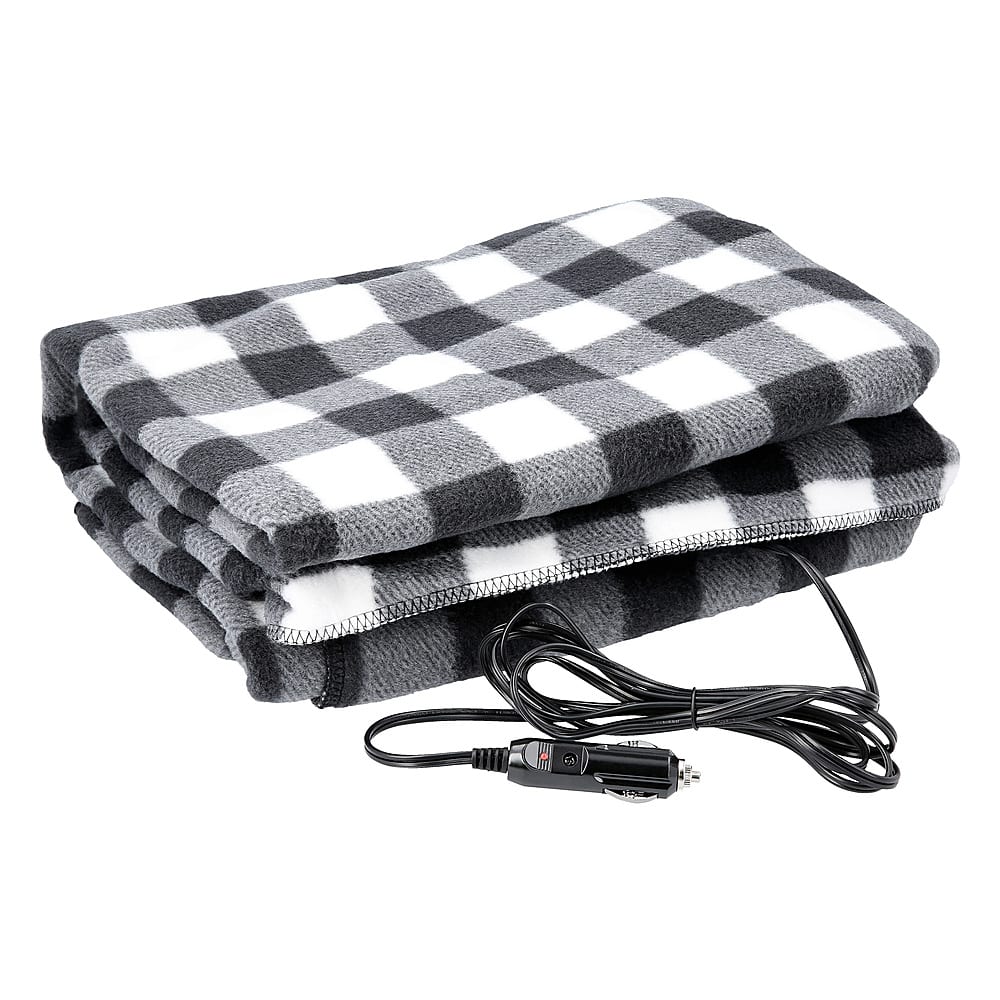 Angle. Fleming Supply - Electric Car Blanket- Heated 12V Polar Fleece Travel Throw for Car, Truck & RV- Great for Tailgating & Emergency Kits - Black & White Plaid.