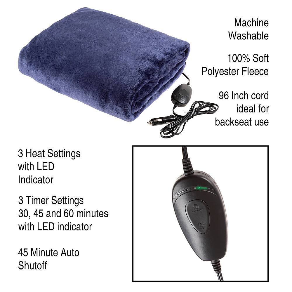 Left View: Trademark Home - Electric Car Blanket-Outdoor Heated 12V Travel Throw-Fleece, 3 Settings, Auto Shutoff-For Road Trips, Camping and More - Blue