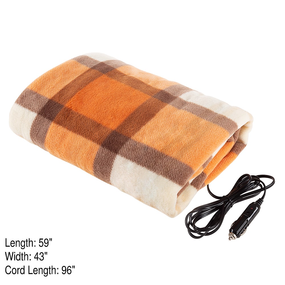 Front. Stalwart - Electric Car Blanket- Heated 12V Polar Fleece Travel Throw for Car, Truck & RV- Great for Tailgating & Emergency Kits - Orange Plaid.