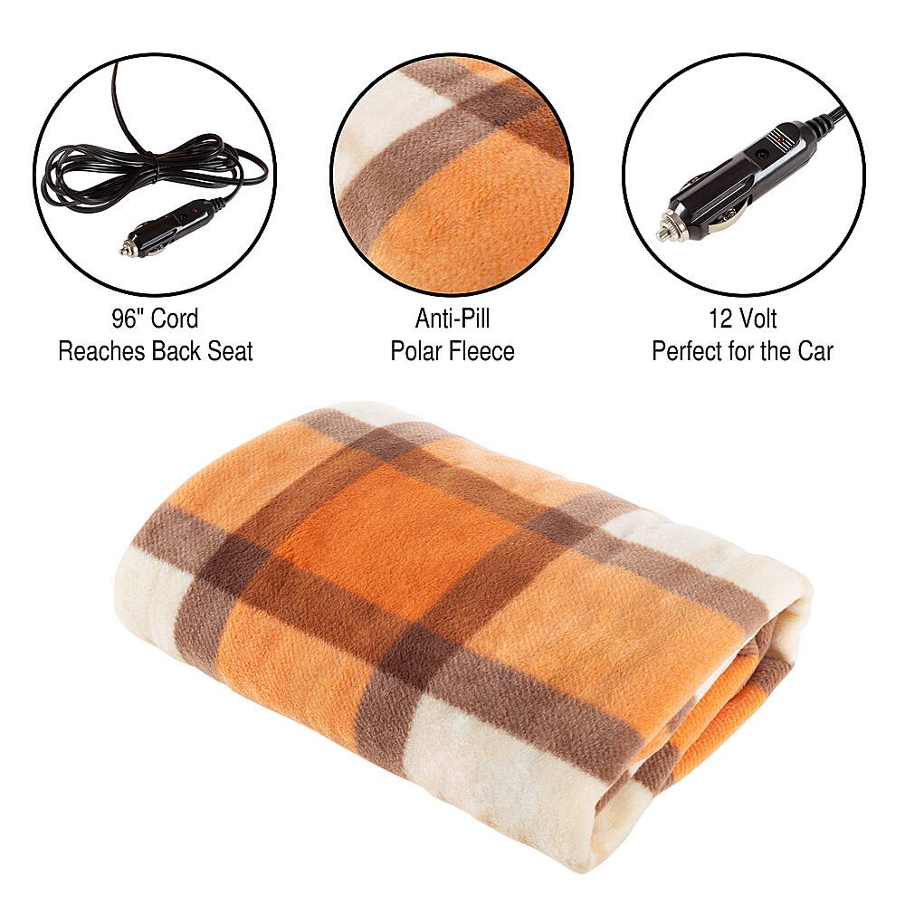 Left View: Stalwart - Electric Car Blanket- Heated 12V Polar Fleece Travel Throw for Car, Truck & RV- Great for Tailgating & Emergency Kits - Orange Plaid