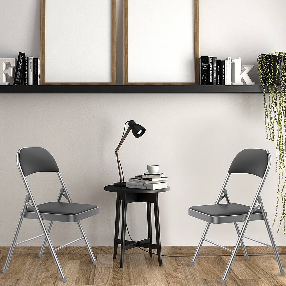 Lavish Home - Folding Chairs – Foldable Steel Seat with Double Brace and Upholstered Vinyl Cushion for Indoor or Outdoor Use (2 Pc) - silver - Alt_View_Standard_11