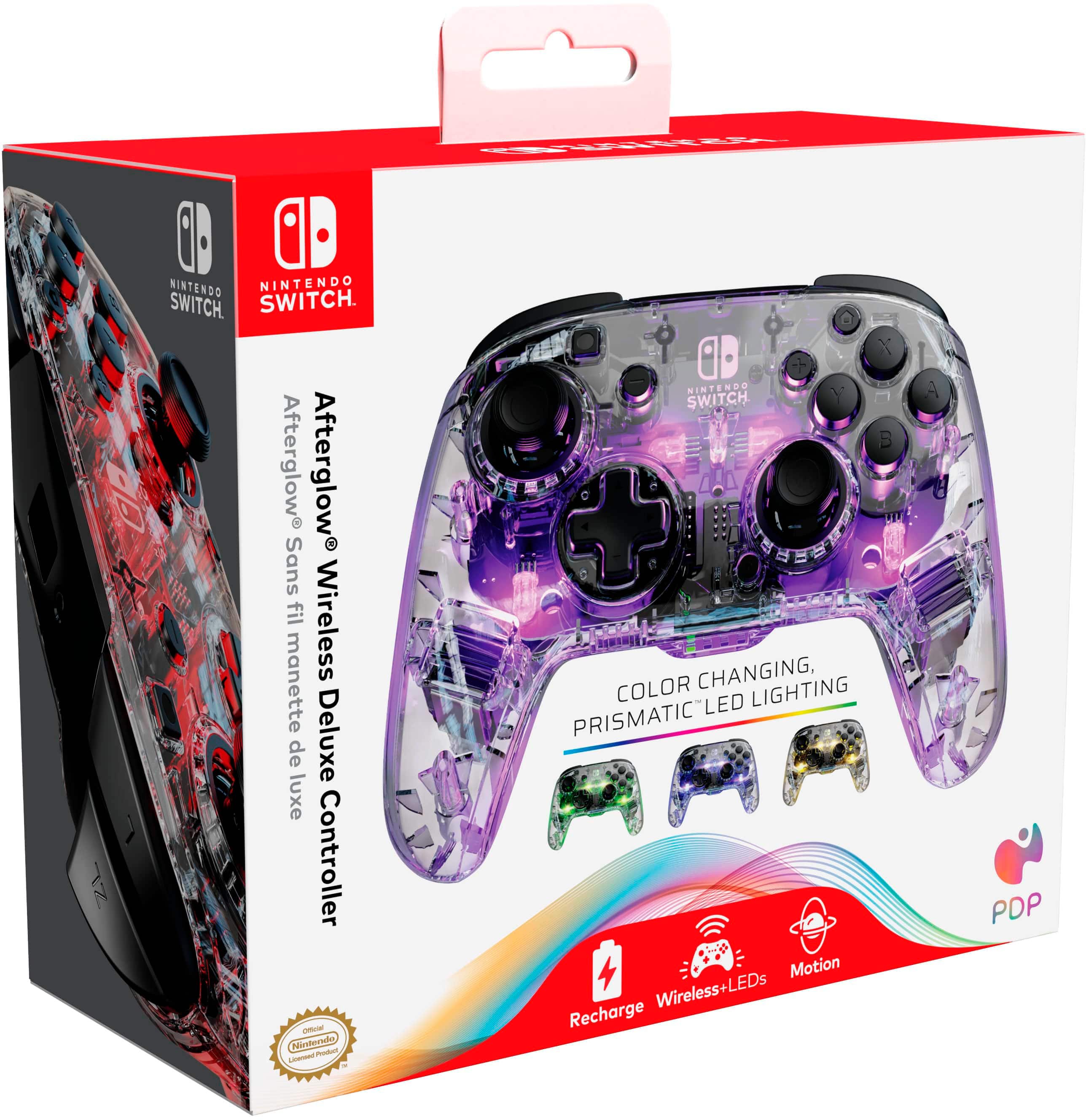 The text on the image reads: "Nintendo Switch Afterglow Deluxe Wireless Controller Color Changing, Prismatic LEDs de luxe Controller."