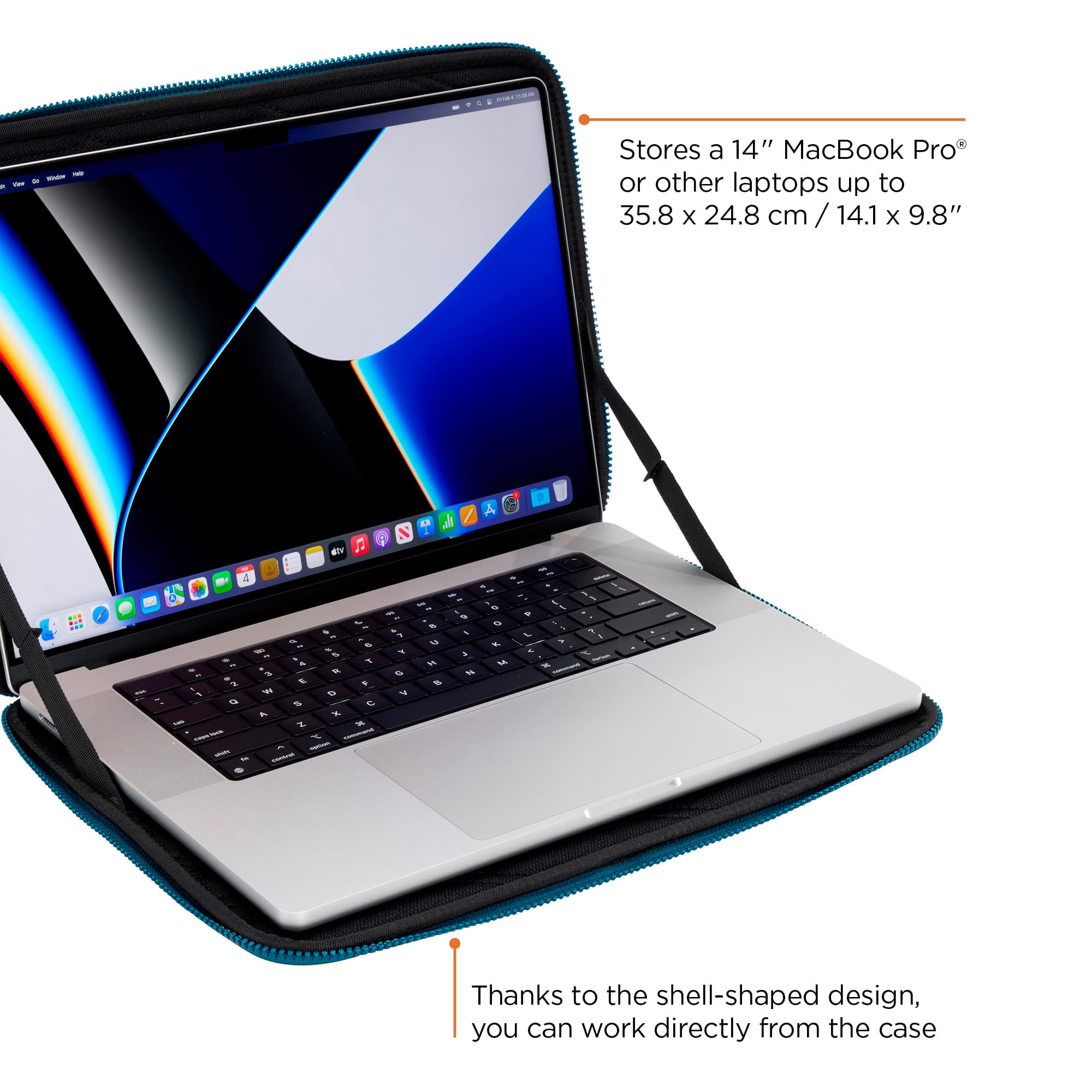 The image features a white laptop computer with a blue case. The case is designed to hold a 14-inch MacBook Pro or other laptops up to 35.8 x 24.8 cm. The case is made with a shell-shaped design, allowing for easy access to the laptop while it is inside the case. The case is also designed to provide protection for the laptop, ensuring that it remains safe and secure during transportation or storage. The case is available in a variety of colors, including blue and black, and it is suitable for both personal and professional use.