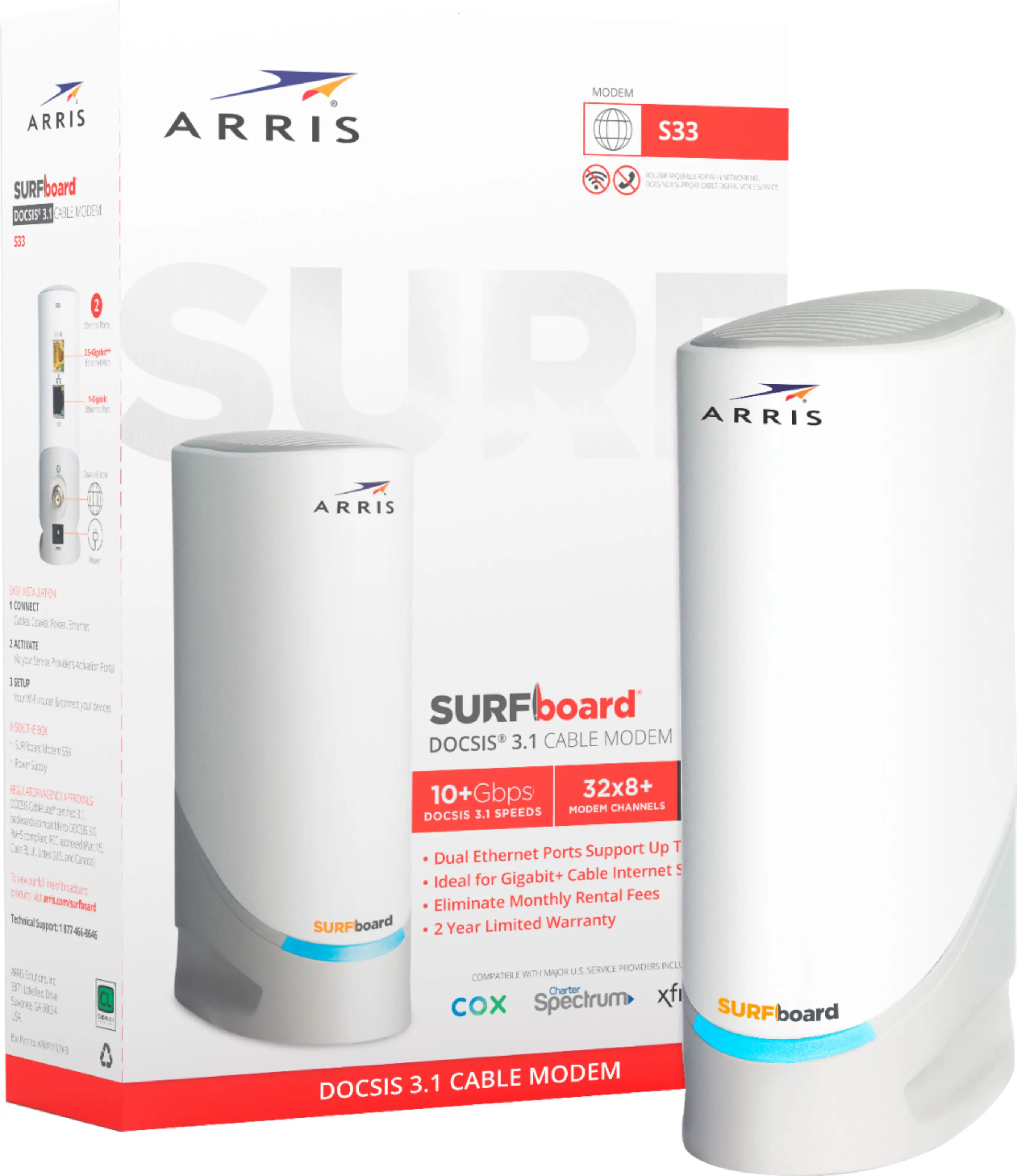 Front. ARRIS - SURFboard S33 32 x 8 DOCSIS 3.1 Multi-Gig Cable Modem with 2.5 Gbps Ethernet Port - White.