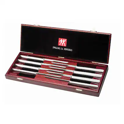 Angle. ZWILLING - Henckels 8-pc Stainless Steel Steak Knife Set w/Presentation Case - Brown.