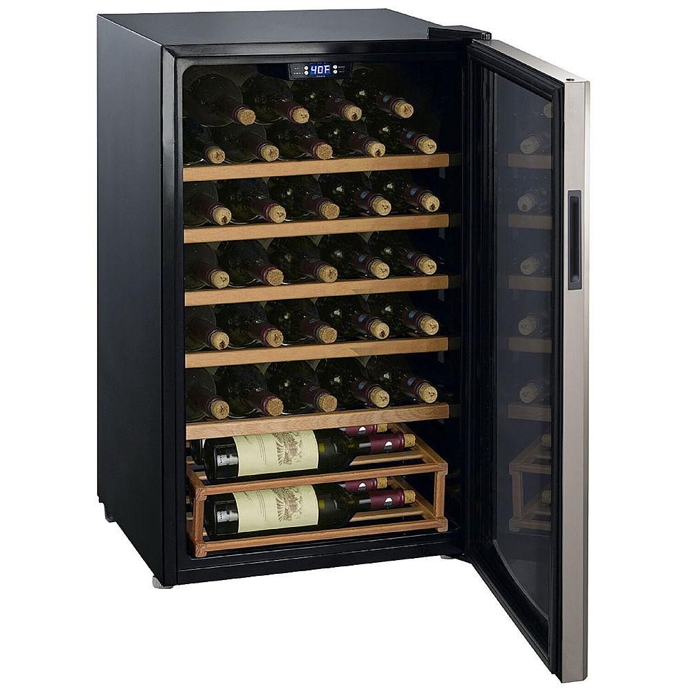 Angle View: Amana 35-Bottle Single-Zone Wine Cooler with LED Thermostat Control and Wood Shelving
