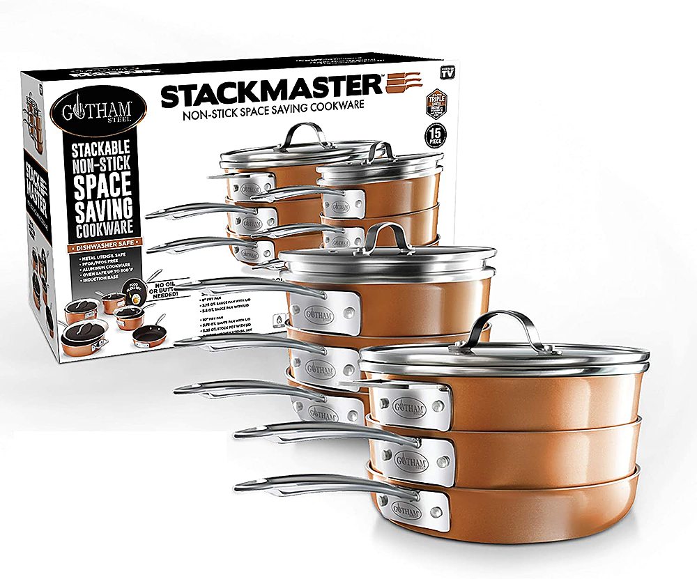 Gotham Steel Stackmaster Pots and Pans Set, 10 Piece Cookware Set,  Stackable Design with Nonstick Cast Texture Coating, Includes Skillets,  Sauce Pans