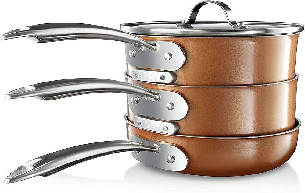 Left. Gotham Steel - StackMaster 15-Piece Aluminum Ultra-Nonstick Cast Textured Ceramic Coating Cookware Set - Copper.