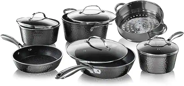 Angle. Granitestone - Non Stick 10pc Cookware Set - Hammered Pewter.