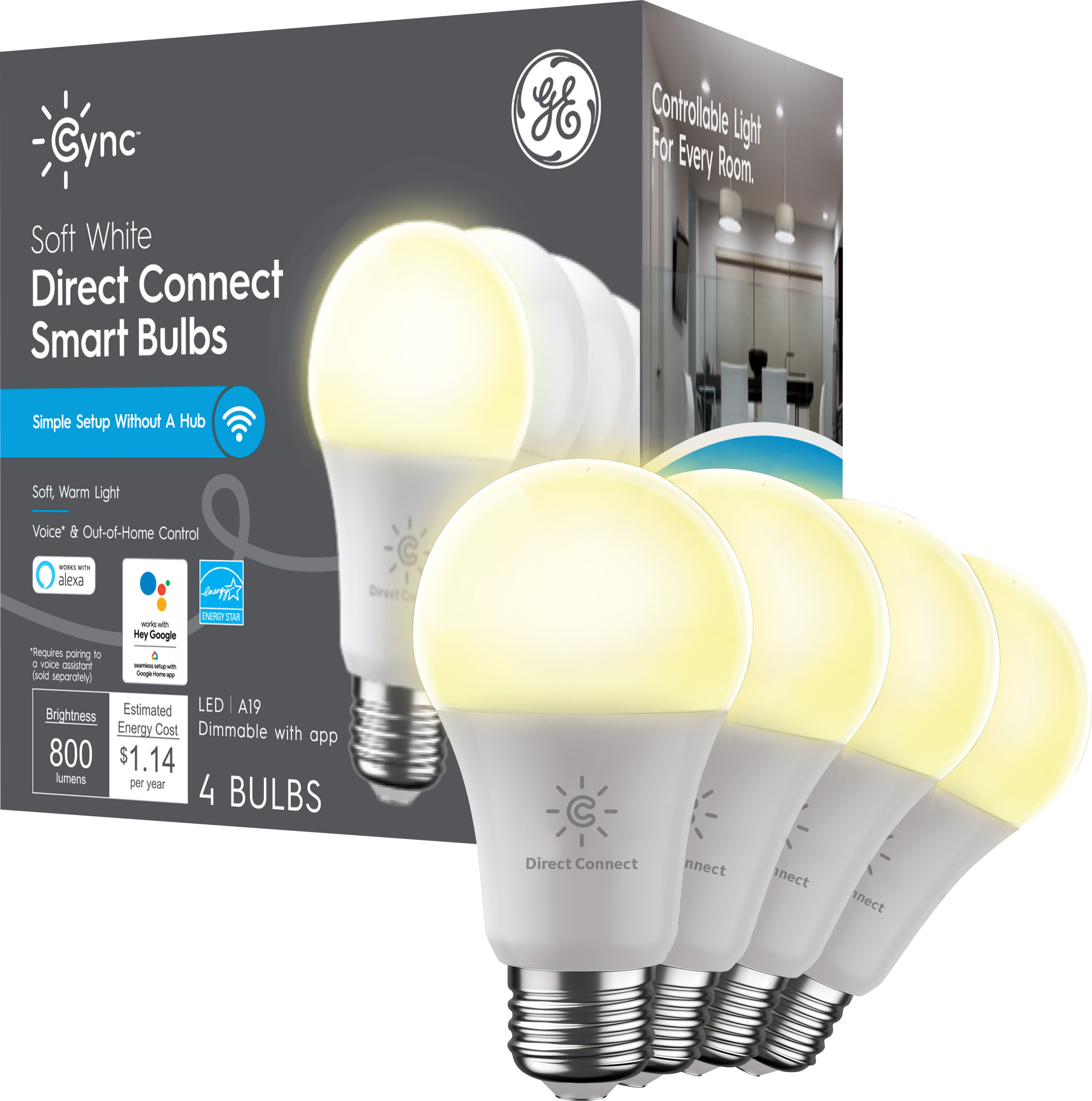 Cync by GE 93128965 Soft White Direct Connect Smart Bulbs (4 LED A19 Light Bulbs)