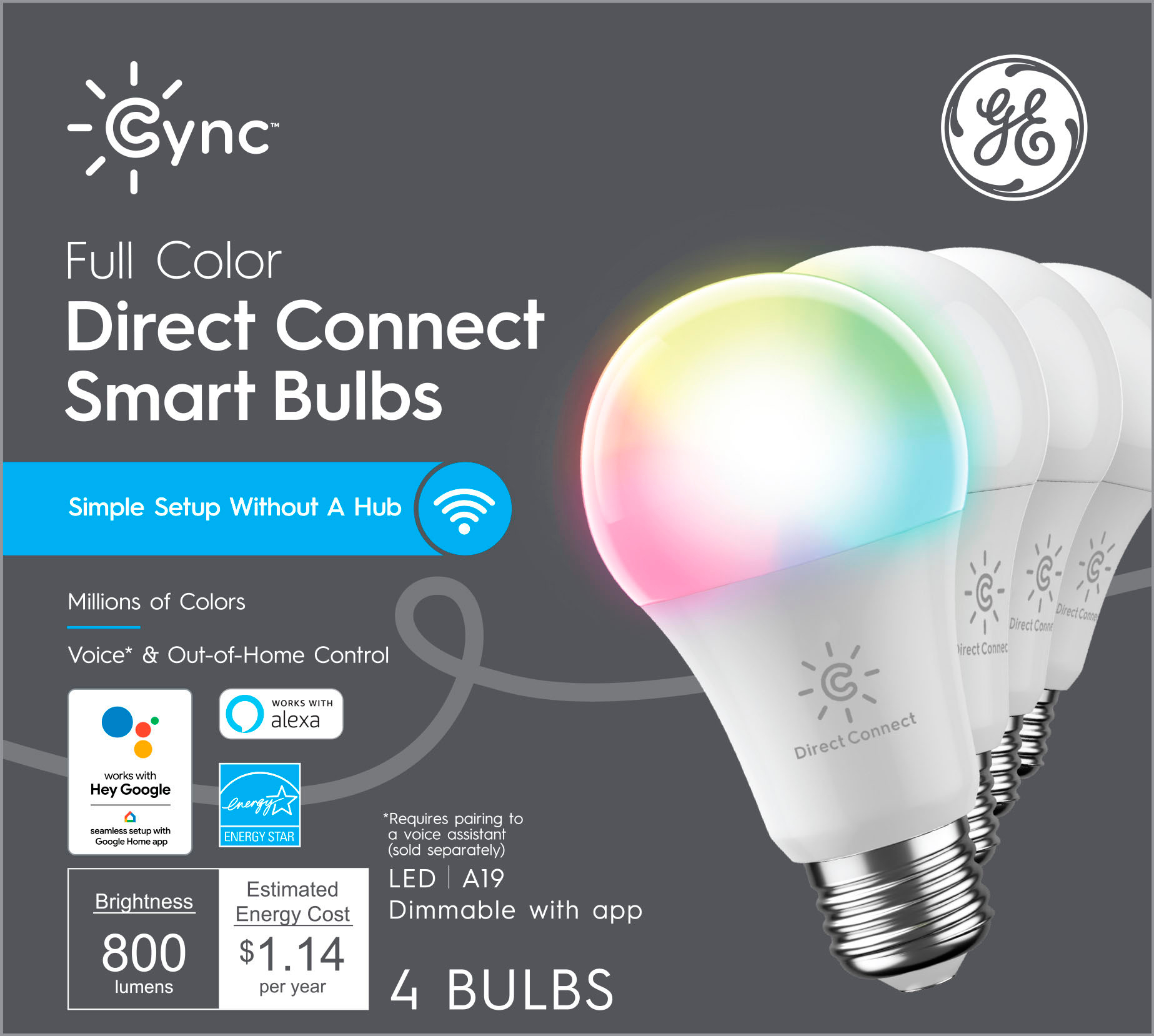 GE Cync Smart Direct Connect Light Bulbs (4 A19 LED Color Changing 