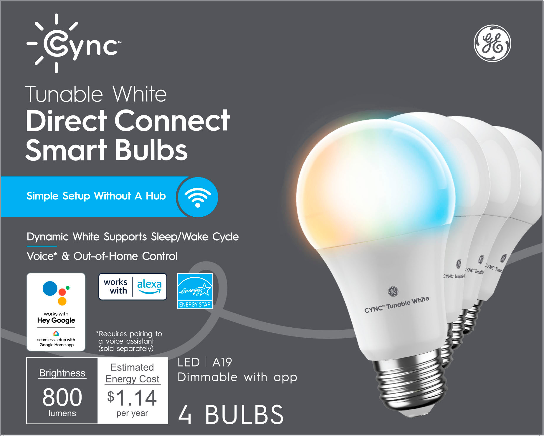 GE Cync Smart Direct Connect Light Bulbs (4 A19 Smart LED Light Bulbs), 60W  Replacement Tunable White 93128975 - Best Buy