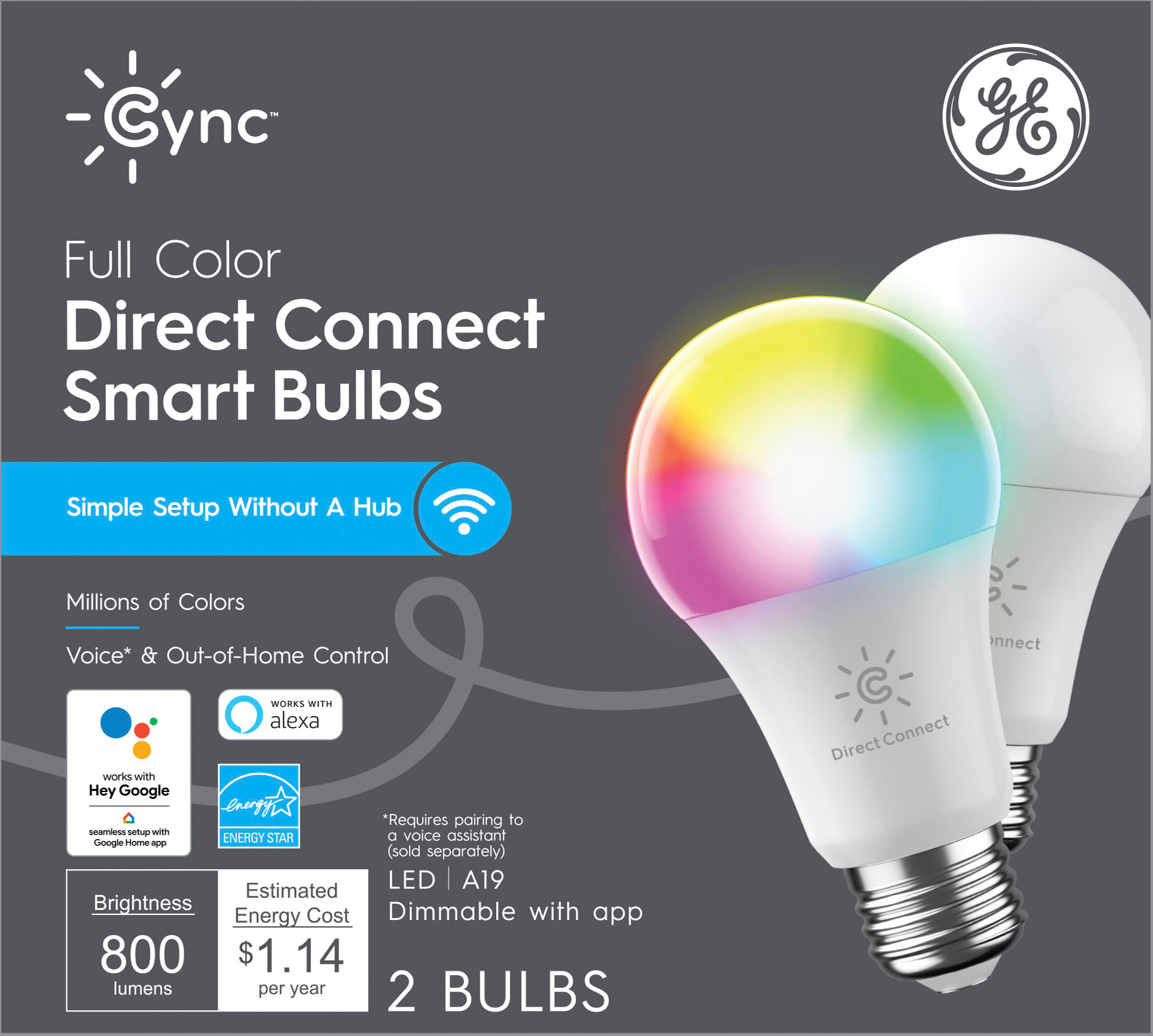 GE - Cync Full Color Direct Connect Light Bulbs (2 A19 LED Color Changing Light Bulbs), 60W Replacement (Packaging May Vary) - Full Color