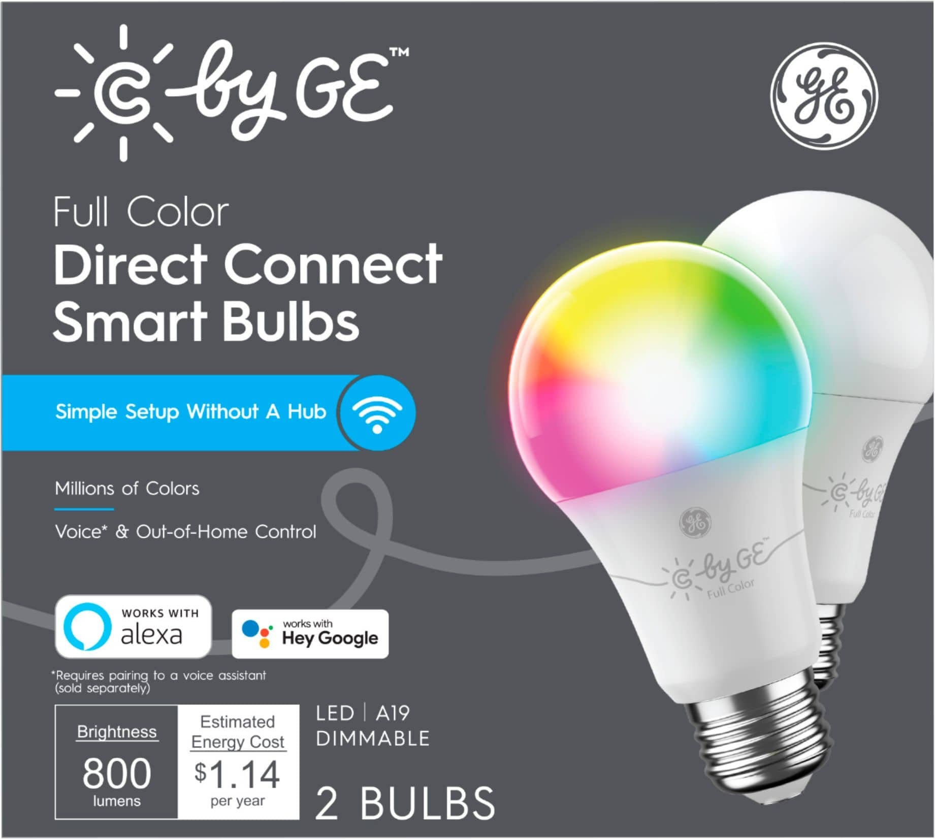 GE Cync Smart Direct Connect Light Bulbs 2 A19 LED Color Changing