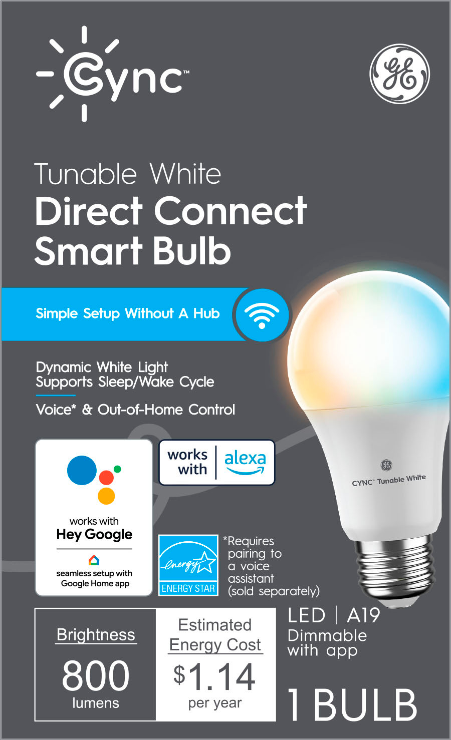 GE - Cync Tunable White Direct Connect Light Bulb (1 A19 Smart LED Light Bulb), 60W Replacement (Packaging May Vary) - Adjustable White