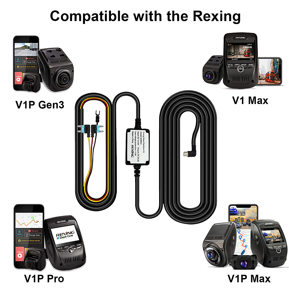 Left View: Smart Hardwire Kit Mini-USB Port for Rexing V1P Gen 3, V1P Pro, V1 Max, V1P Max Dash Cam - Black
