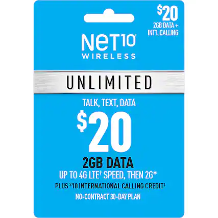 Front. Net10 - $20 Unlimited 30 Day Plan (2GB of data at high speed, then 2G),$10 Int'l Calling Credit Plan (Email Delivery).