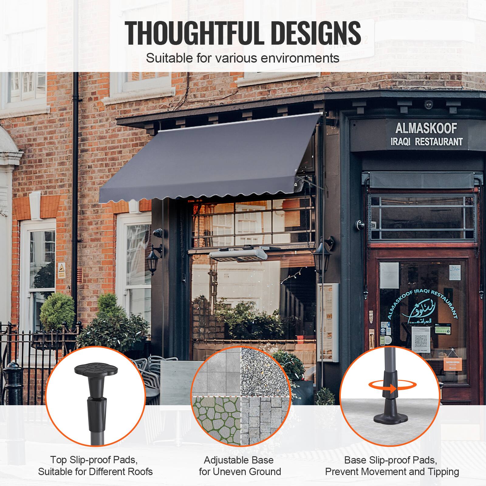 THOUGHTFUL DESIGNS Suitable for various environments

ALMASKOOF IRAQI RESTAURANT

Top Slip-proof Pads, Suitable for Different Roofs
Adjustable Base for Uneven Ground
Base Slip-proof Pads, Prevent Movement and Tipping