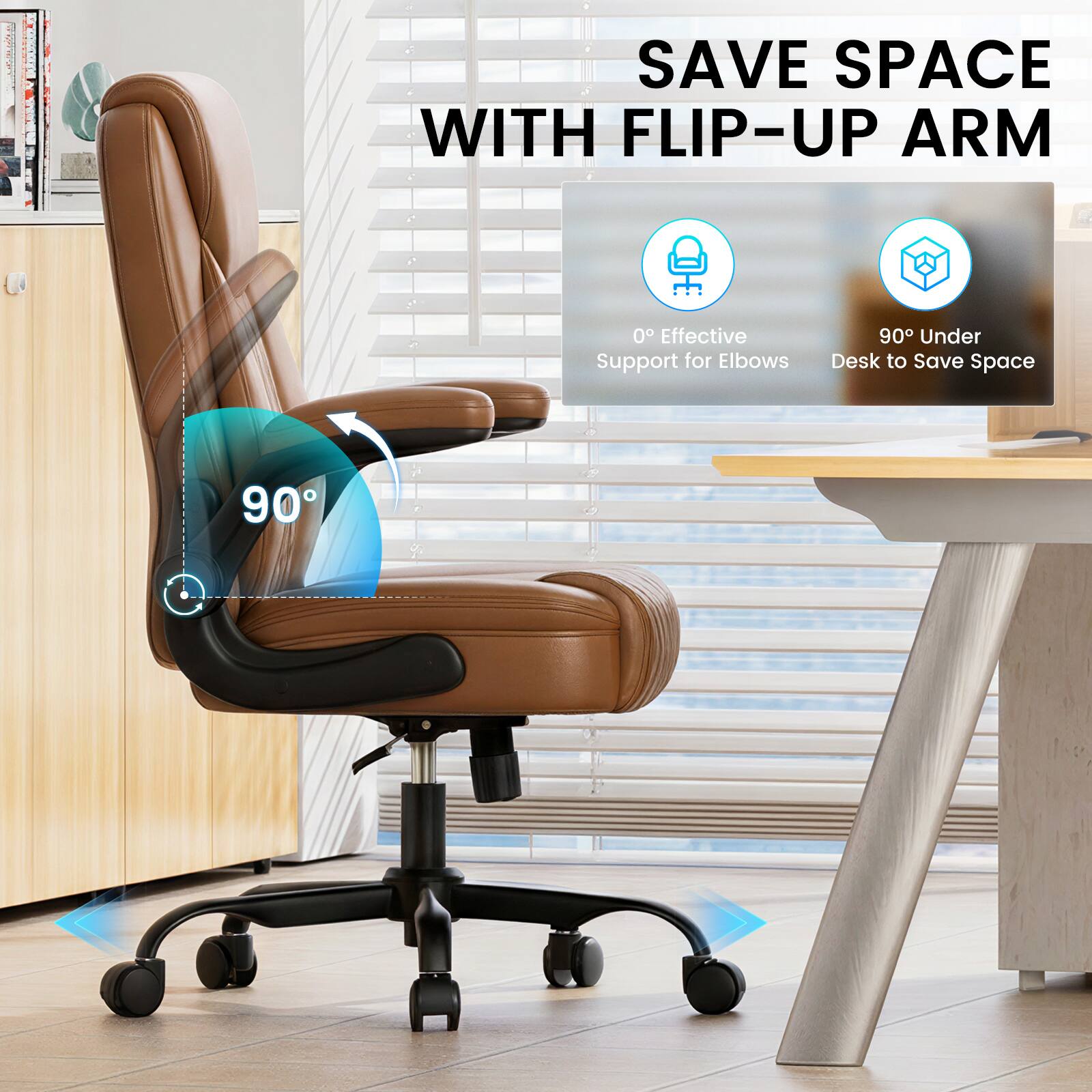 SAVE SPACE WITH FLIP-UP ARM

0° Effective Support for Elbows

90° Under Desk to Save Space
