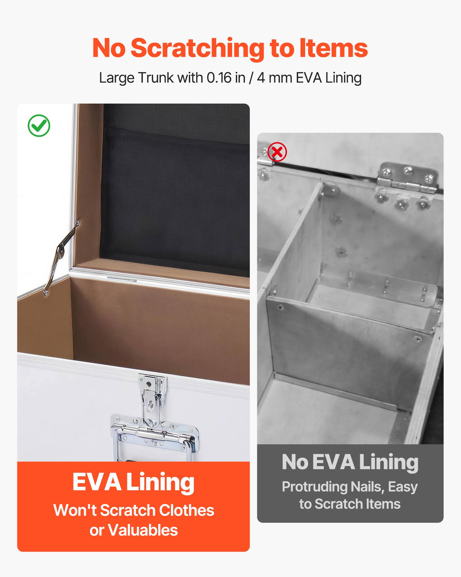 No Scratching to Items  
Large Trunk with 0.16 in / 4 mm EVA Lining  

EVA Lining  
Won't Scratch Clothes or Valuables  

No EVA Lining  
Protruding Nails, Easy to Scratch Items