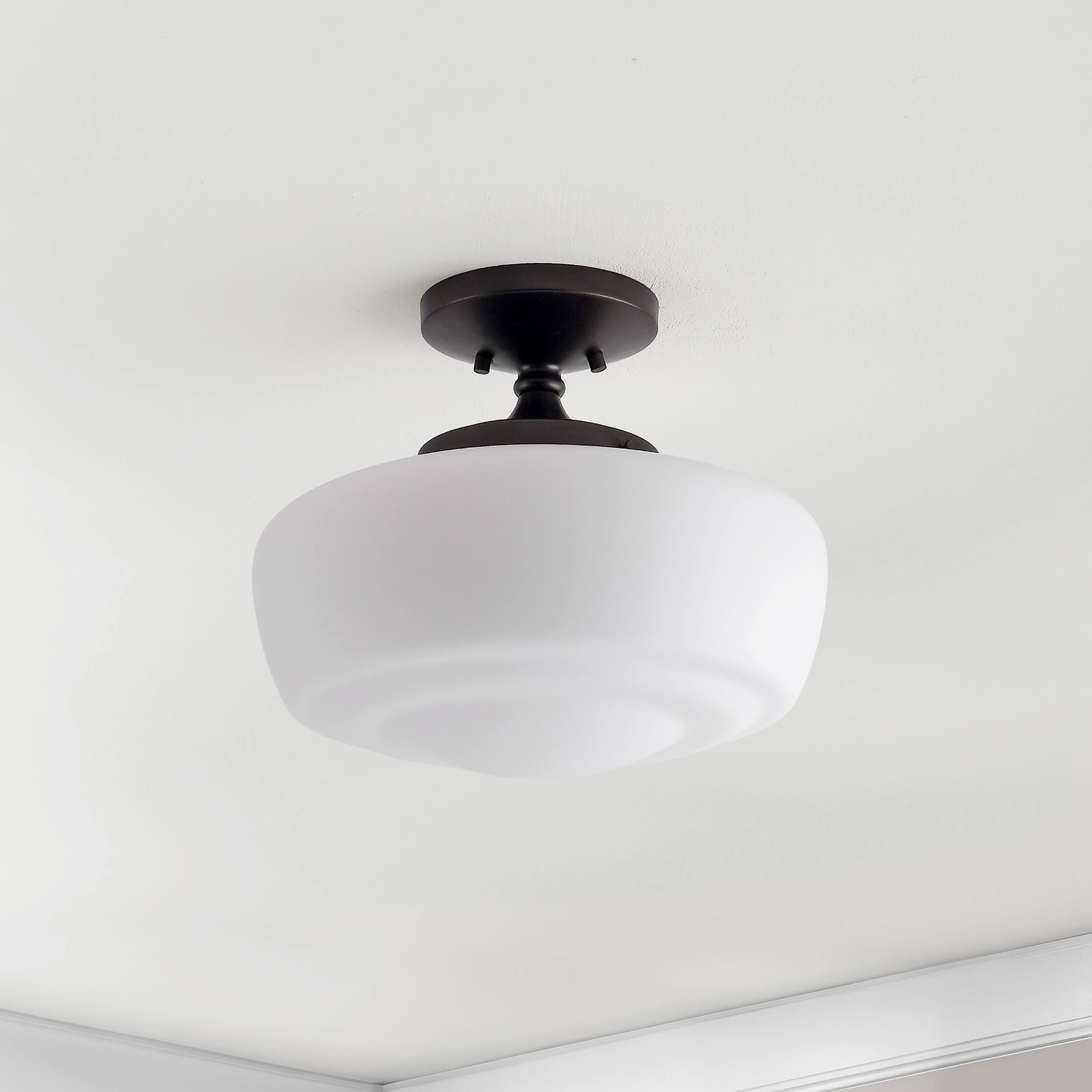 Alt View 5. Jonathan Y - Marfa 14" 1-Light Modern Farmhouse Schoolhouse Frosted Glass/Metal LED Semi Flush Mount, Oil Rubbed Bronze/Frosted - Oil Rubbed Bronze.