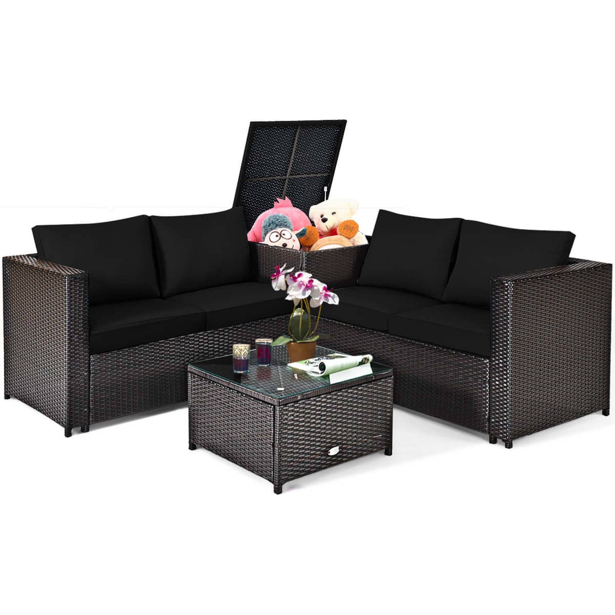 Alt View 4. Gymax - Gymax Set of 4 Patio Rattan Furniture Set Cushioned Loveseat Storage Table Outdoor Black - Brown, Black.