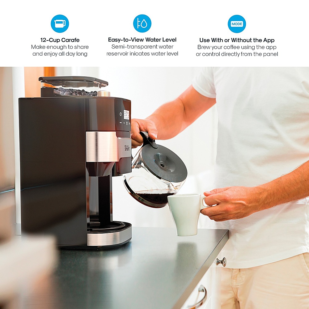 Atomi Smart WiFi Coffee Maker - No-Spill Carafe Sensor, Black/Stainless  Steel, 12-Cup Carafe, Reusable Filter, Customization Features, Control with