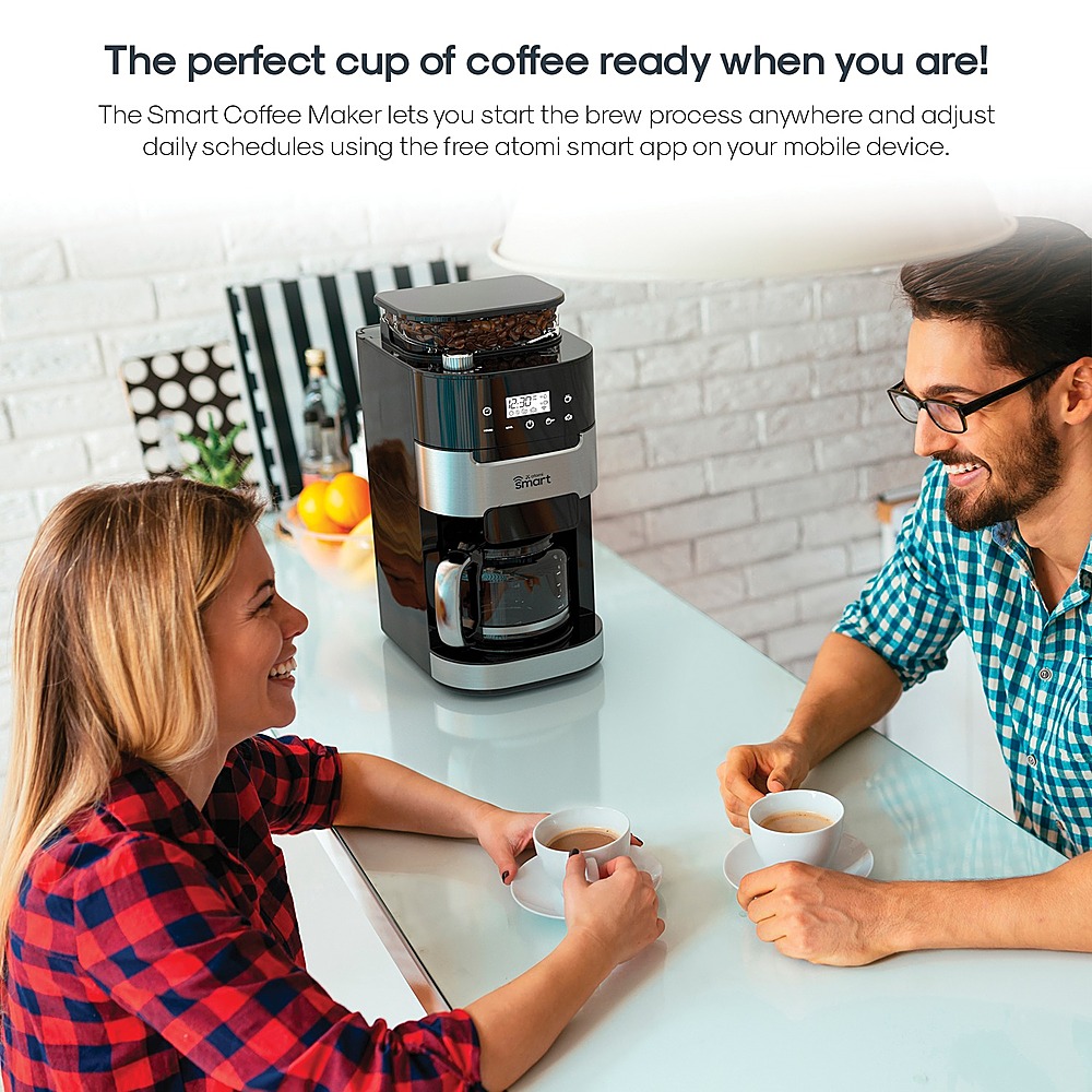 Atomi Smart Coffee Maker with Burr Grinder - 8 Grind Settings, 12-Cup Glass  Carafe, Reusable Filter, Customization Features, Control with Voice or