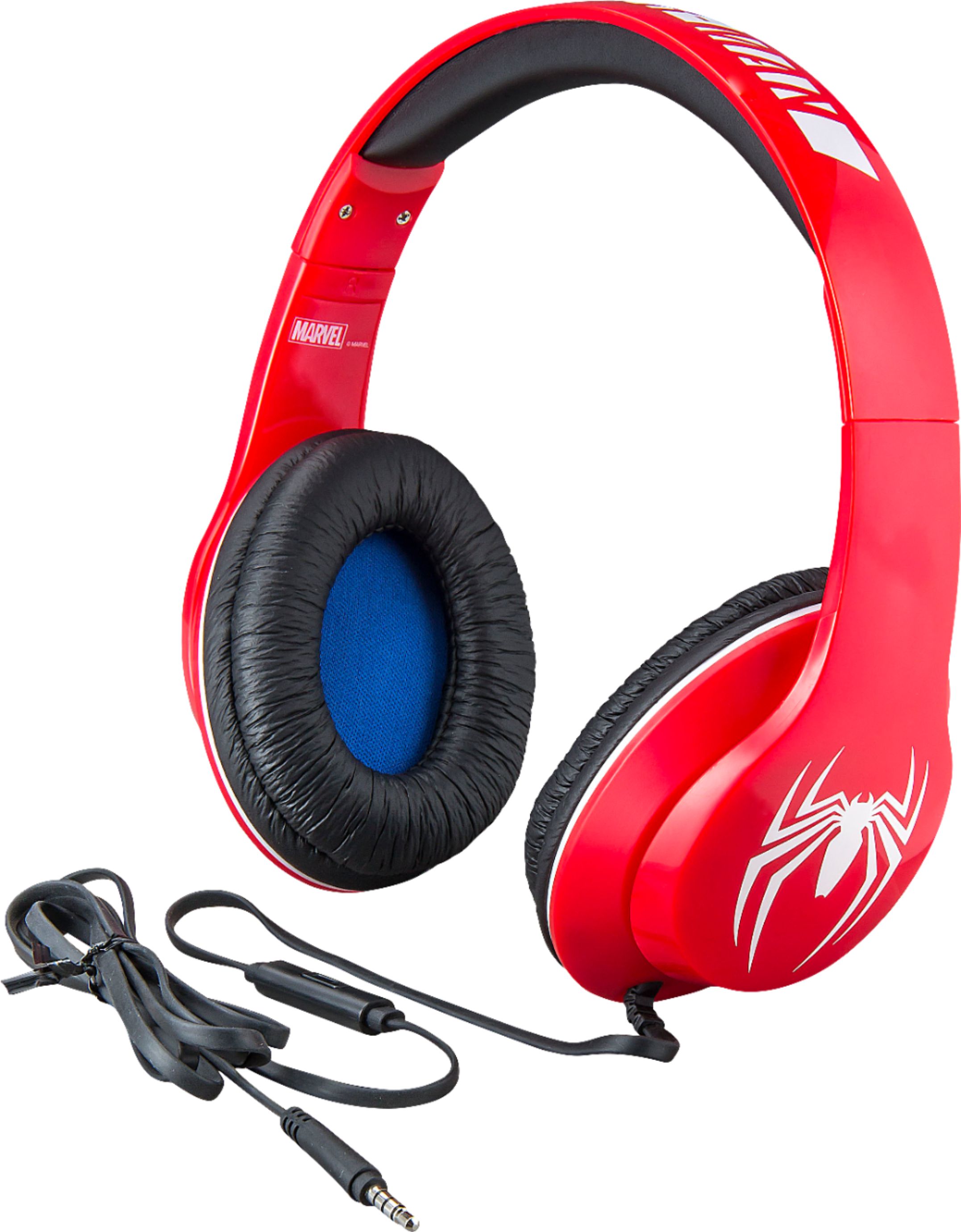 Left View: eKids - Spiderman Co Branded Headphone - red